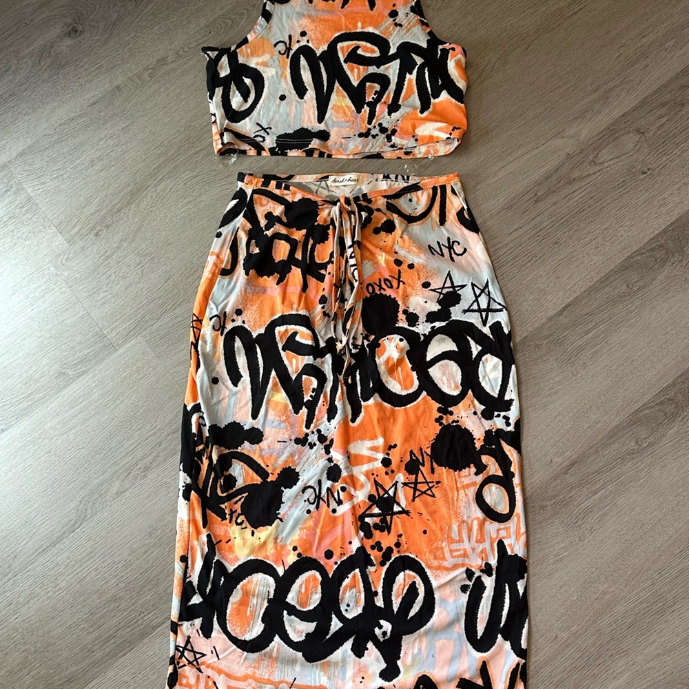 Orange and Black Graffiti Print Two-Piece Set